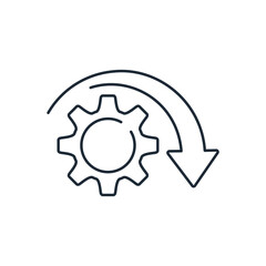 Spinning gear and down arrow. Decrease in technical possibilities. Engineering, functional degradation.Vector linear icon isolated on white background.