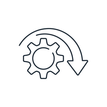 Spinning gear and down arrow. Decrease in technical possibilities. Engineering, functional degradation.Vector linear icon isolated on white background.