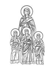 Fototapeta na wymiar The faith, the hope, the love and their mother Sophia. Vera, Nadia, Luba and Sophia. Illustration - fresco in Byzantine style. Coloring page on white background