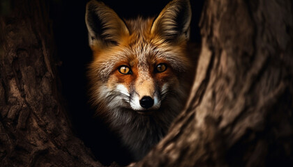 Fluffy fox staring, alert, in winter snow generated by AI