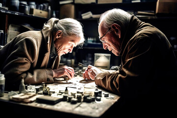 An old couple works with concentration in a precision mechanic's workshop with small tools, made with generative ai