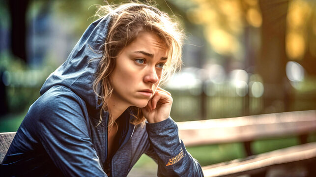 Young woman wearing a hoodie sits on a park bench with a sad expression on her face and is lost in thought, made with generative ai