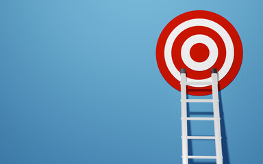 Ladder reaching a target on plain blue background