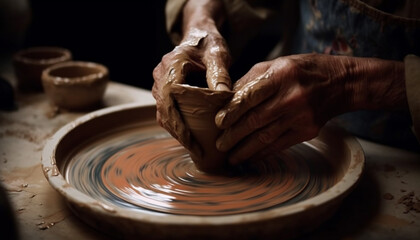 Craftsperson skillfully molds earthenware vase on pottery wheel generated by AI