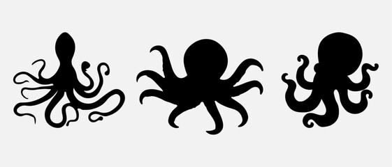 isolated black silhouette of a octopus , vector collection