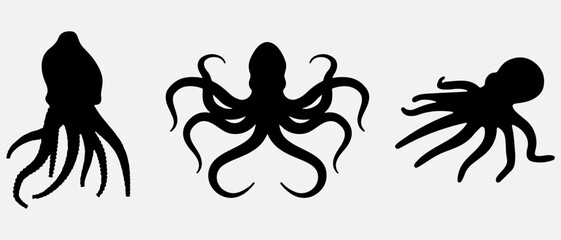 isolated black silhouette of a octopus , vector collection