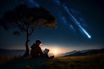 Man reading book on Sunset,AI Generated