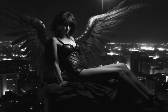 sexy woman fallen angel with black wings on roof of skyscraper at night. Generative AI illustration