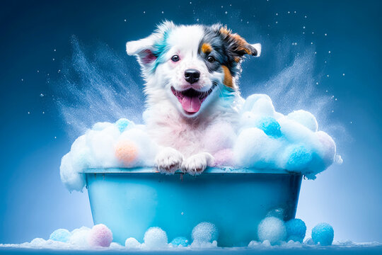 Funny puppy sitting in bathtub waiting for grooming. Banner for pet shop, grooming salon. Generative AI