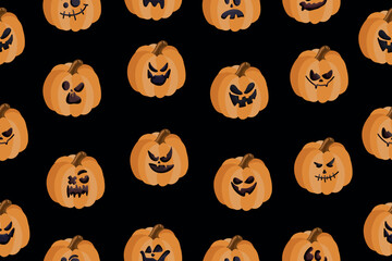 Vector seamless pattern with orange pumpkin for Halloween on a dark background. Vector illustration