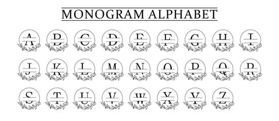 family Monogram letter A-Z, Set of Split alphabet for monogram. Monogram alphabet. illustration for wedding invitation. Set of initial with decorative plant frame and text space 