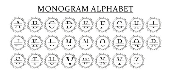 family Monogram letter A-Z, Set of Split alphabet for monogram. Monogram alphabet. Vector illustration for wedding invitation. Set of initial with decorative plant frame and text space 