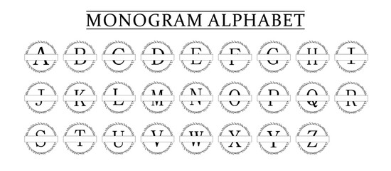 family Monogram letter A-Z, Set of Split alphabet for monogram. Monogram alphabet. Vector illustration for wedding invitation. Set of initial with decorative plant frame and text space 