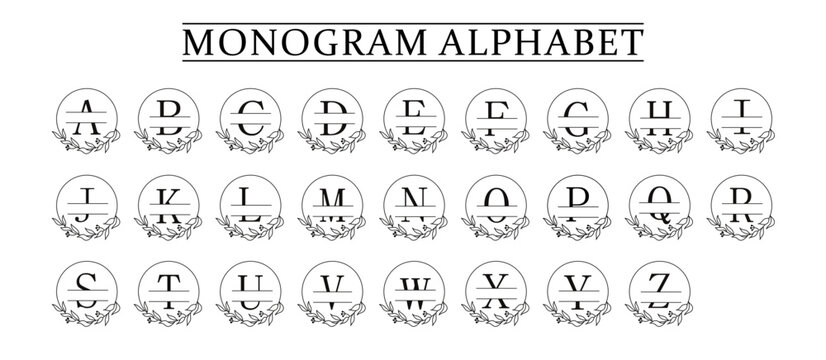family Monogram letter A-Z, Set of Split alphabet for monogram. Monogram alphabet. Vector illustration for wedding invitation. Set of initial with decorative plant frame and text space 