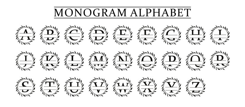 Family Monogram Letters A-Z, Split Alphabet Set for Wedding Invitations, Decorative Initials with Plant Frame and Customizable Text Space