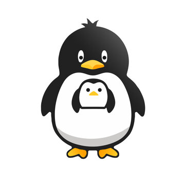 Cute penguin character with a portrait of a little penguin on his chest, vector illustration.