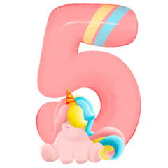 Number with cute unicorn, font in hand-drawn cartoon style. Vector illustration for your design