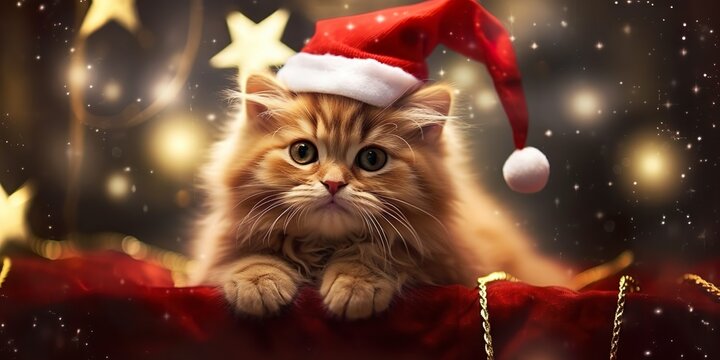 Christmas Cat in Santa Hat. Banner, greeting card, poster, winter holiday shopping. Generative AI