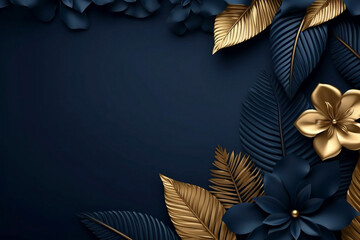 Golden and Blue Tropical Leaves on Dark Blue Textured Background, generative AI