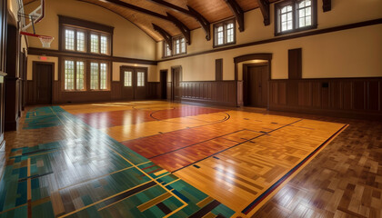 Hardwood parquet flooring in modern gymnasium generated by AI - obrazy, fototapety, plakaty
