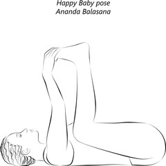 Sketch of young woman practicing yoga, doing Blissful Baby pose or Happy Baby or Dead Bug pose. Ananda Balasana. Supine and Balansing. Beginner. Vector illustration isolated on transparent background.