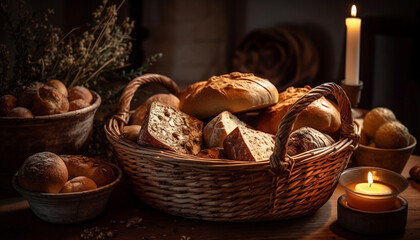 Obraz premium Rustic basket holds fresh baked organic bread generated by AI