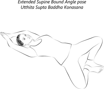 Sketch of young woman practicing yoga, doing Extended Supine Bound Angle pose. Utthita Supta Baddha Konasana. Supine and Neutral. Beginner. Vector illustration isolated on transparent background.