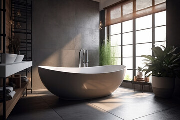 Fototapeta na wymiar A sleek and modern bathroom featuring a freestanding bathtub and a minimalist sink, perfect for relaxing and unwinding. AI Generative.