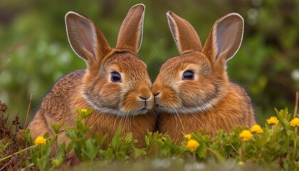 Naklejka na ściany i meble Fluffy baby rabbits sitting in green meadow generated by AI