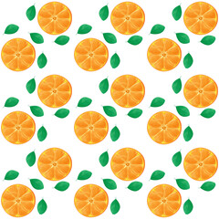 Seamless pattern with round orange slices and green leaves on a white background