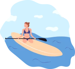 Fototapete Water sports. Young woman standing on sup board isolated. Surfers and others during windsurfing, kiteboarding. © Inna