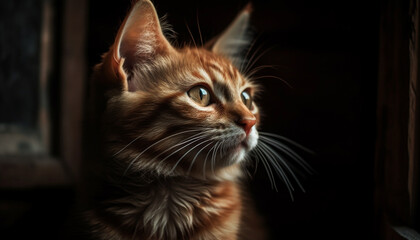 Fluffy kitten staring, cute feline curiosity piqued generated by AI