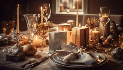 Fototapeta na wymiar Glowing candlelight illuminates elegant winter celebration table generated by AI