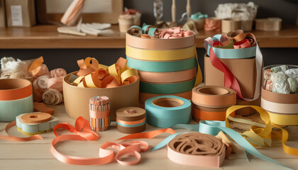 A colorful pottery collection decorates the wooden table generated by AI