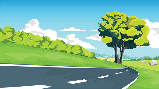 Copy Space Flat Vector Illustration. of curved asphalt road path and environment of wide open fields of green grass. Big tree at the bend. Meadow and mountain under blue sky and white clouds.