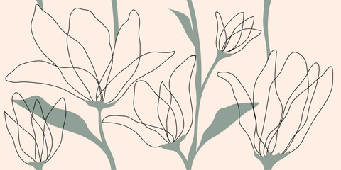 Fototapeta premium Seamless linear floral pattern. Modern pattern with line flowers, leaves. Simple style botanical background. Outline buds. Freehand illustration