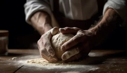 Gordijnen Handmade bread dough kneaded on wooden table generated by AI © Stockgiu