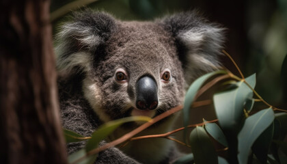 Fluffy koala sitting on eucalyptus branch, looking cute generated by AI