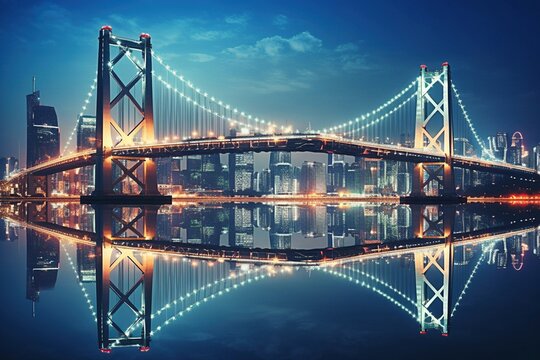 Illuminated Urban Nightscape: A Bridge with Reflective Lights on the Water - AI Generative