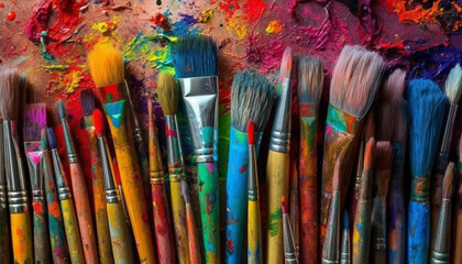 Obraz premium Vibrant acrylic paintings in messy art studio chaos generated by AI