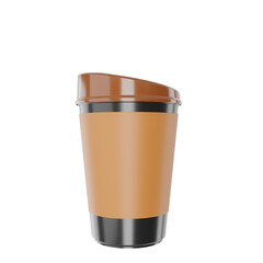 black paper coffee cup or plastic cup one with a brown  label with brown lid realistic mockup coffee or tea mug disposable beverage product 3d render illustration - clipping path