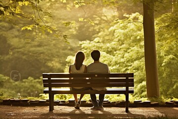 Seasons of Love: A Man and Woman Share a Moment on a Park Bench - AI Generative
