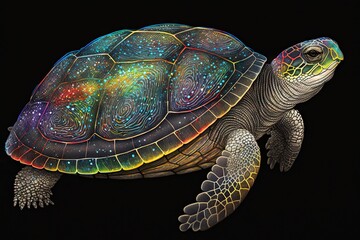 Pointillism map turtle rainbow nebula aurora borealis. Generative AI AIG15.