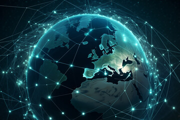 Naklejka premium Connection lines around Earth surface abstract illustration. Future technology background with blue colored circles and lines. Internet, social media, travel, or logistical concepts. Generative AI