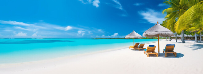 Obraz na płótnie Canvas Tropical Paradise Beach with Palms and Umbrellas on a Sunny Day, generative AI