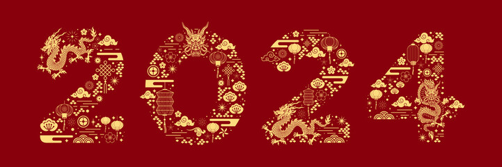 Happy chinese new year 2024 the dragon zodiac sign with clouds, lantern, asian elements gold paper cut style on color background. Year of the dragon banner	
 - obrazy, fototapety, plakaty