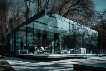 Obraz premium Closeup modern design glass house villa outdoors in mountain forest