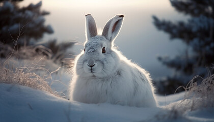 Fluffy hare sits in snow, ears up generated by AI