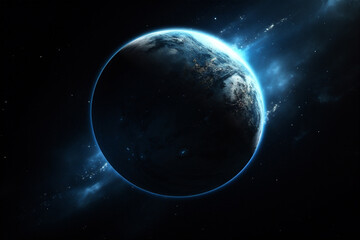 Obraz na płótnie Canvas Blue planet, Earth in cosmic space. Galaxy, cosmos, space background. Generative AI.