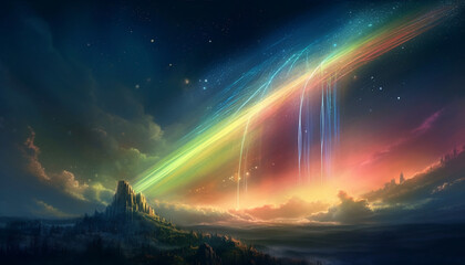 Glowing star shapes illuminate majestic mountain landscape generated by AI